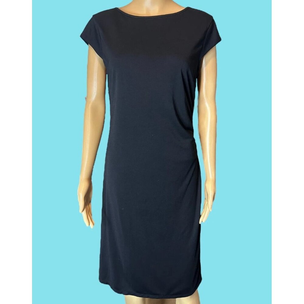 New York & Company Sheath Dress Black Medium Knee Length Boat Neck Short Sleeves
